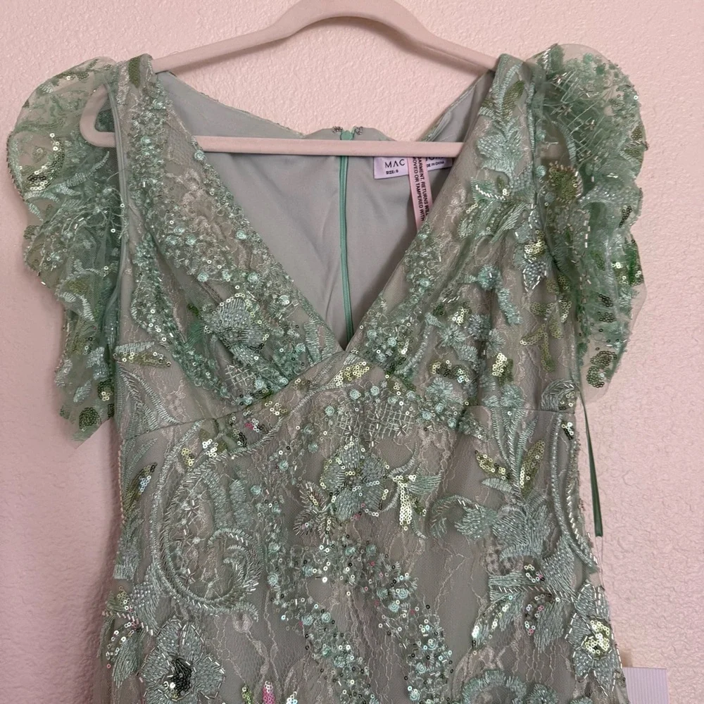 Mac Duggal Size 8 Mint Green 68266 Puff Sleeve V-Neck Embellished Midi Dress New - Picture 10 of 15